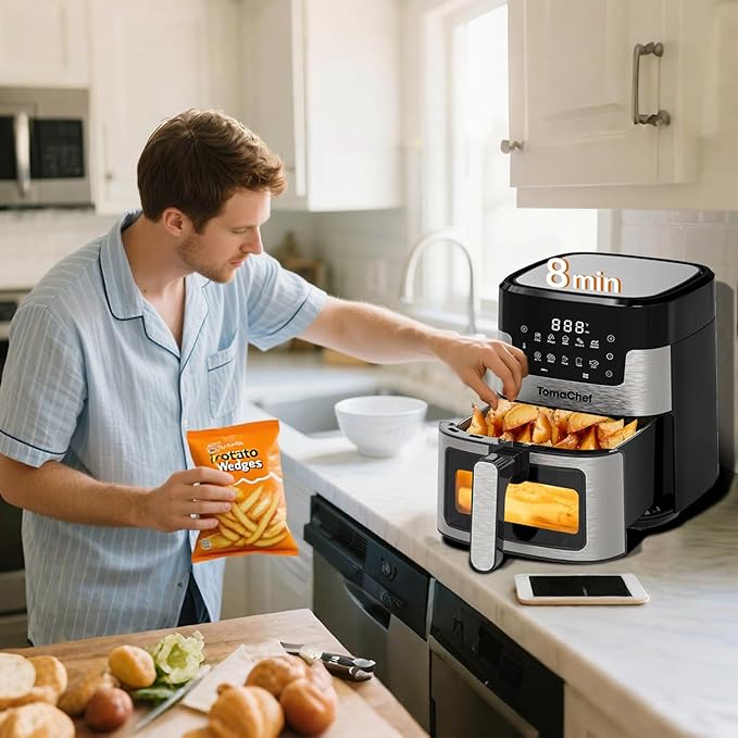 Air Fryer 10-in-1, 5.3QT Compact Oil Free Cooker with Visible Window & Dishwasher Safe Basket，Healthy Cooking, Digital Control for Family