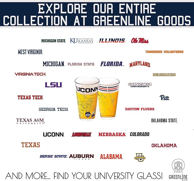 Greenline Goods – University of Connecticut Huskies College Pint Beer Glasses (Set of 2), 16 oz – Full-Color Logo + Campus Map