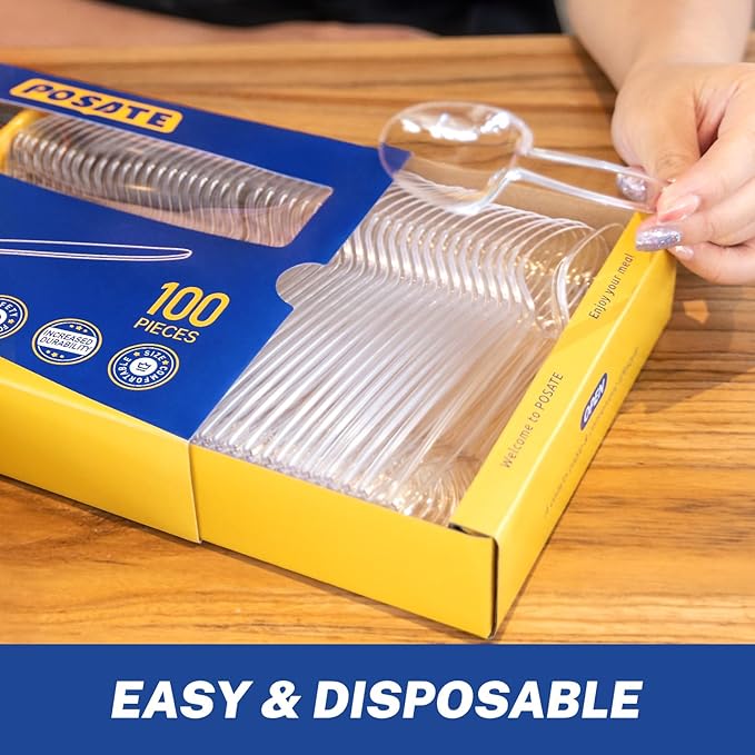 POSATE 7.1" Plastic Spoons Heavy Duty Disposable Teaspoons, Clear (100 Count)