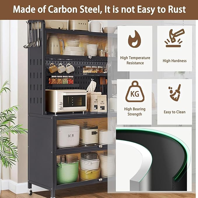 Bakers Rack with Wheels, 5-Tier Coffee Bar with Wheels, Microwave Stand with Storage, Kitchen Shelves for Kitchen Pantry, Storage Room, Black