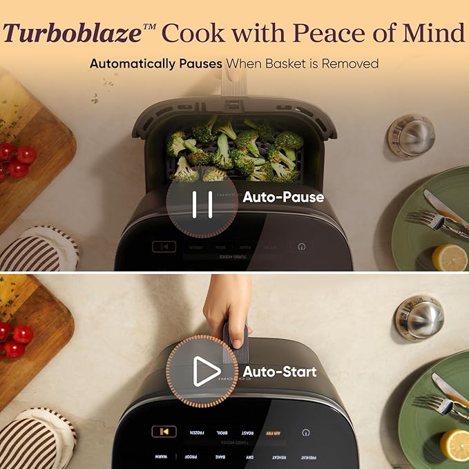 Cosori 9-in-1 TurboBlaze Air Fryer 6 Qt, Premium Ceramic Coating, 90°–450°F, Precise Heating for Even Results, Air Fry, Roast, Bake, Broil, Dry, Frozen, Proof, Reheat, Keep Warm, 120V, Dark Gray