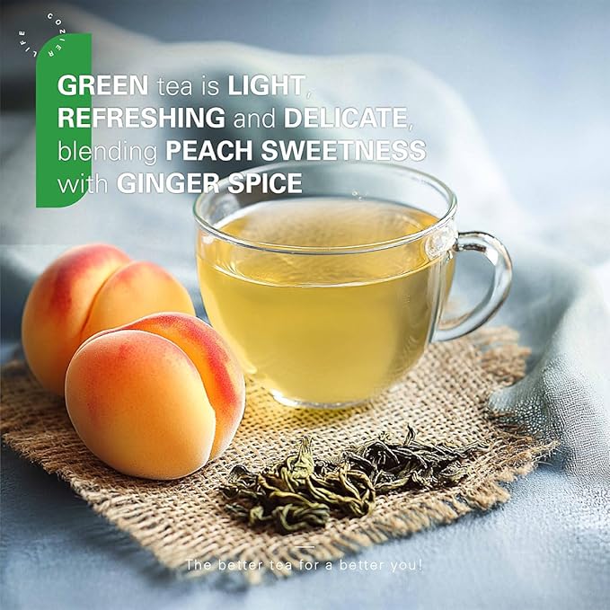 WT WEETEE Ginger Peach Green Tea Bags, Made of Green Tea, Ginger & Natural Peach Flavor, Low Caffeine Tea Bags 100 Counts, Fruity & Mildly Gingery Good for Iced