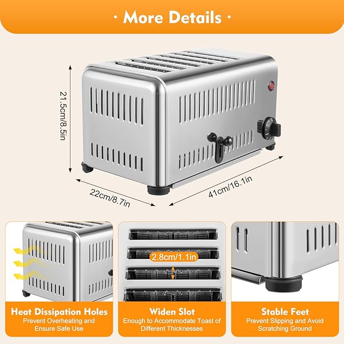 Stainless Steel Toaster 4 Slice with 2 Modes for Toasting (4 or 6 Slices), Extra Wide Slots, Time Adjustable 1 to 5 Minutes, Removal Crumb Tray
