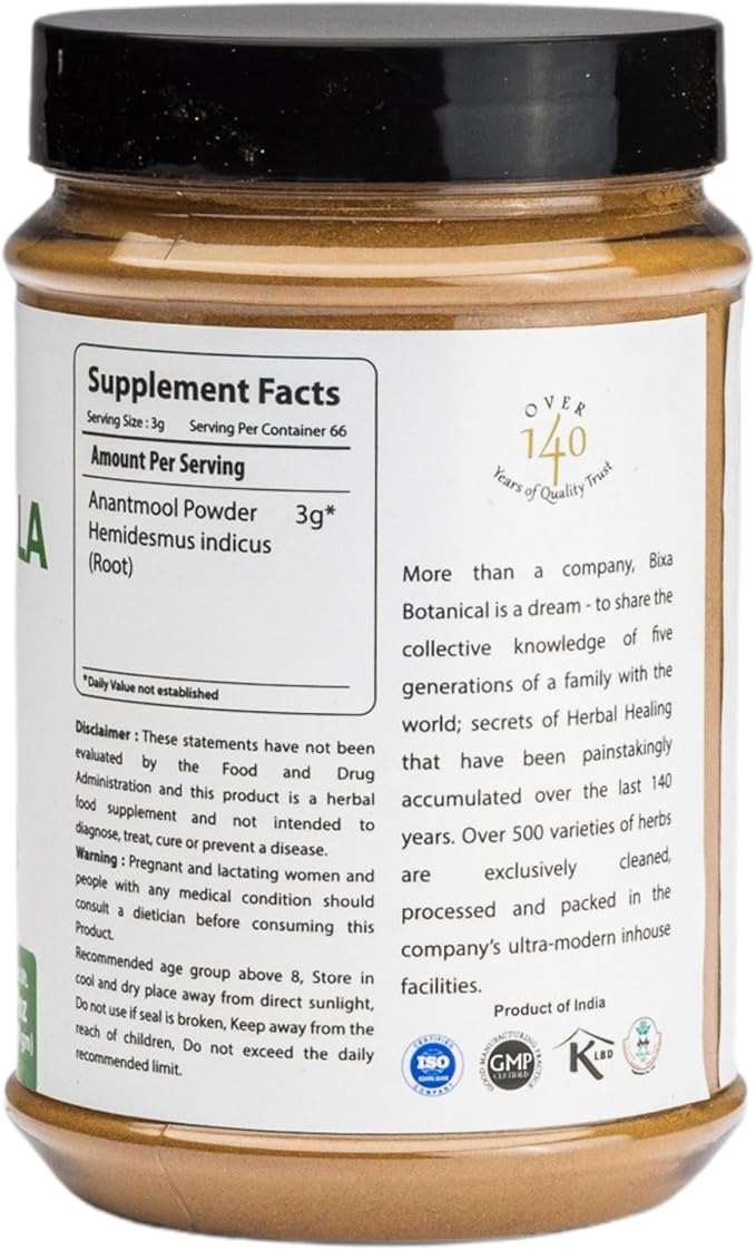 bixa BOTANICAL Sarsaparilla Root Powder | HEMIDESMUS INDICUS | Anantmool | 200 Grams / 7 OZ | Ayurvedic Herbal Supplement | Gluten Free, Non-GMO, Steam Treated, Vegan, 100% Pure.