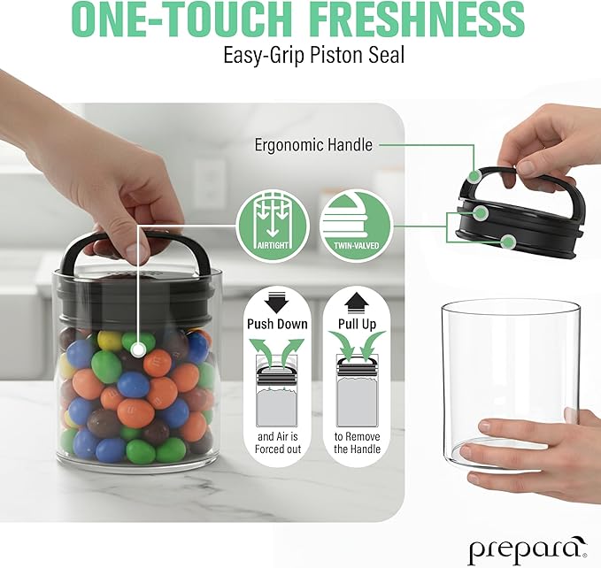Prepara Evak Fresh Saver Short Vacuum Seal Canisters, Small - Grip Handle Lid, BPA Free Twin-Valve Airtight Jar for Coffee, Tea, Snacks - Pantry Organizer & Compact Kitchen Storage (2-Pack)