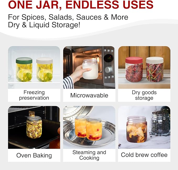 16oz Borosilicate Glass Jars with Lids - Freezer to Oven Safe (-4°F to 446°F), Airtight Meal Prep Containers for Overnight Oats, Snacks, Coffee, Microwave & Dishwasher Safe (4pack)