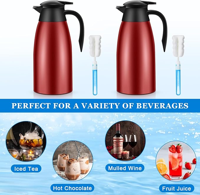 Uiifan 2 Pcs 68oz Thermal Coffee Carafe Insulated Stainless Steel Thermal Coffee Carafe Double Walled Vacuum Flask Carafes with Brushes for Keeping Tea for 12 Hours(Wine Red)