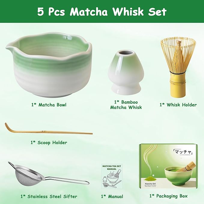 Matcha Whisk Set, 5 Pcs Matcha Set with Matcha Bowl, Whisk Holder, Sifter, Bamboo Whisk and Scoop, Gift for Friend Family Matcha Tea Lovers, Matcha Kit