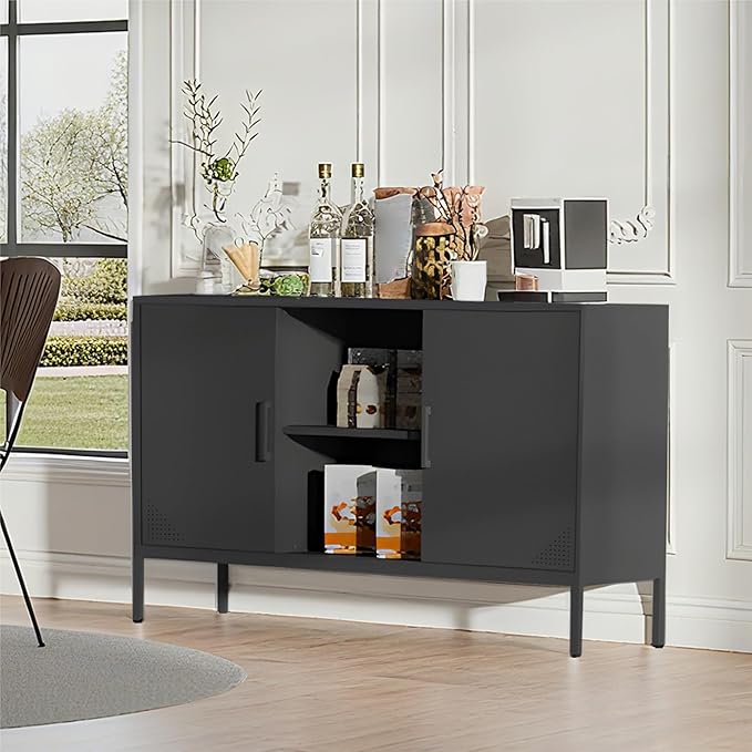 Metal TV Cabinet with Doors and Shelves Modern Metal Storage Cabinet Coffee Bar TV Stand 2 Door Locker for Office Living Room Kitchen (Black, 47.24" D x 13.78" W x 29.53" H)