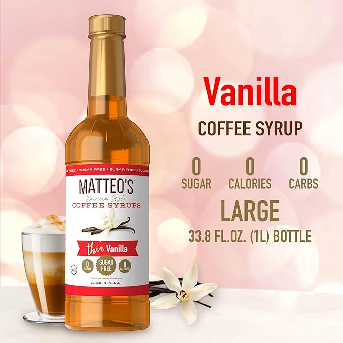Matteo's Vanilla Syrup for Coffee, Lattes, Cappuccinos & Desserts – Sugar-Free Sweetener for Beverages, Keto Friendly, Zero Calories, Indulgent Flavor, Non-Alcoholic, Ideal for Hot Drinks 33.8oz (6pk)