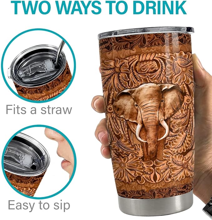 SANDJEST Elephant Tumbler Wood Drawing Style 20oz Tumblers with Lid Gift for Women Girl Daughter Sister Animal Lovers Christmas Birthday