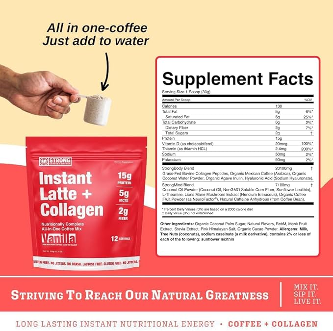 Strong Coffee Co. Instant Vanilla Latte Travel Pack | Organic Coffee with 15g Collagen Protein | Lion’s Mane & L-Theanine | Nootropic Instant Coffee | 7 Servings