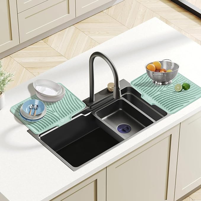 Dish Drying Mat, Stone Drying Mat for Kitchen Counter with Built-in Drain, Non-Slip Drying Matt Kitchen Counter, Heat Resistant Silicone Drying Mat, Dish Drying Pad, 2 Pcs(15.8"X 13", Mint)
