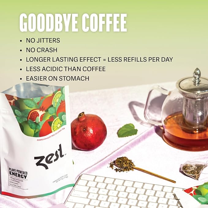 Zest Energy Green Tea – Pomegranate Mojito High Caffeine Tea Bags for Focus & Morning Energy – Natural Caffeinated Tea with 135mg Caffeine – Coffee Substitute – 20Ct Pack, Non-GMO & Keto Friendly