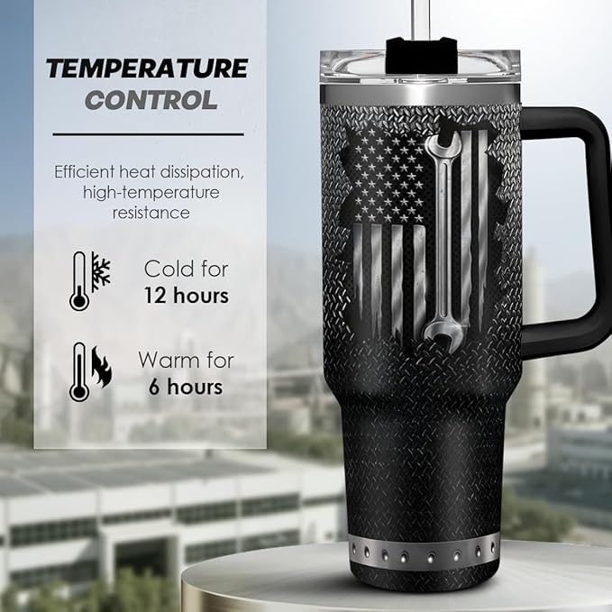 SANDJEST Mechanic Gift for Men, 40oz Stainless Steel Insulated Coffee Tumbler With Lid & Straw, Travel Mug Gift for Dad Husband, Christmas Birthday Father's Day