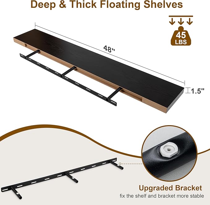 Fun Memories Floating Shelves for Wall, 48Inch Floating Shelves Set of 2, Hanging Shelf with Invisible Brackets, Wood Shelves for Living Room, Bedroom, Kitchen, Black