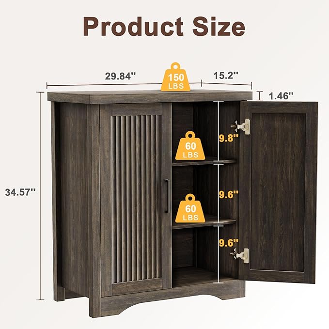 Fluted Buffet Cabinet with Storage Accent Sideboard,Modern Credenza with 2 Doors & Adjustable Shelves,Wood Coffee Bar Table Console for Dining Room Kitchen Living Room Entryway,Gray