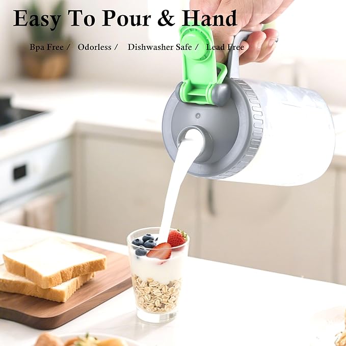 Mason Jar Pitcher With Pour Lid 32 Oz Glass Breast milk Storage Jug 1 Quart Wide Mouth Glass Tea Pitcher With Handle Creamer Container For Fridge Juice, Cold Brew Coffee,Lemonade,Beverage 2 Set