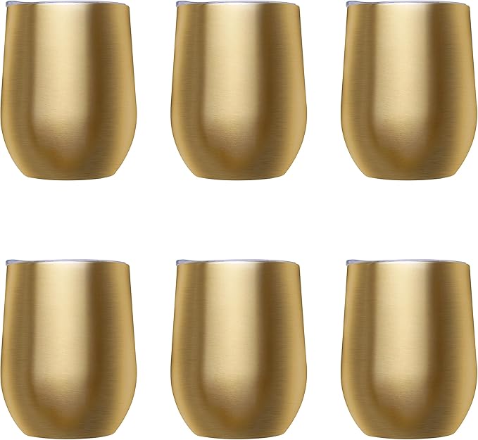 DISCOUNT PROMOS Stemless Wine Glass Tumblers with Lids by Largo 11 oz. Set of 6, Bulk Pack - Perfect for Wine, Cocktails, Other Hot & Cold Beverages - Gold