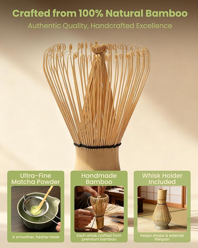 Handcrafted Matcha Kit, 7-Piece Green Tea Set, Includes Ceramic Bowl, Bamboo Whisk, Stainless Steel Sifter, Bamboo Scoop, Whisk Holder & Cotton Towel, Perfect for Tea Ceremony, Green Big Flower