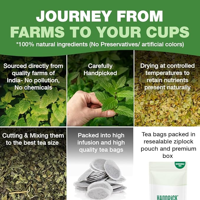 HANDPICK Lemon Balm Tea Bags – 100 Count | 100% Pure & Naturally Dried | Caffeine-Free Herbal Tea with Citrus Flavor & Aroma | Premium Lemon Balm Leaf