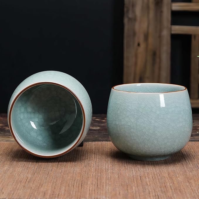 Tea Cup Set of 2 Porcelain Small Tea Cups 5oz Japanese Tea Cup Set, Asian Handmade Ceramic Teacups for Home, Party, Office, Chinese Kung Fu Tea Set for Hot/Cold Drink（Egg-Ice Crackle Glaze Pattern）