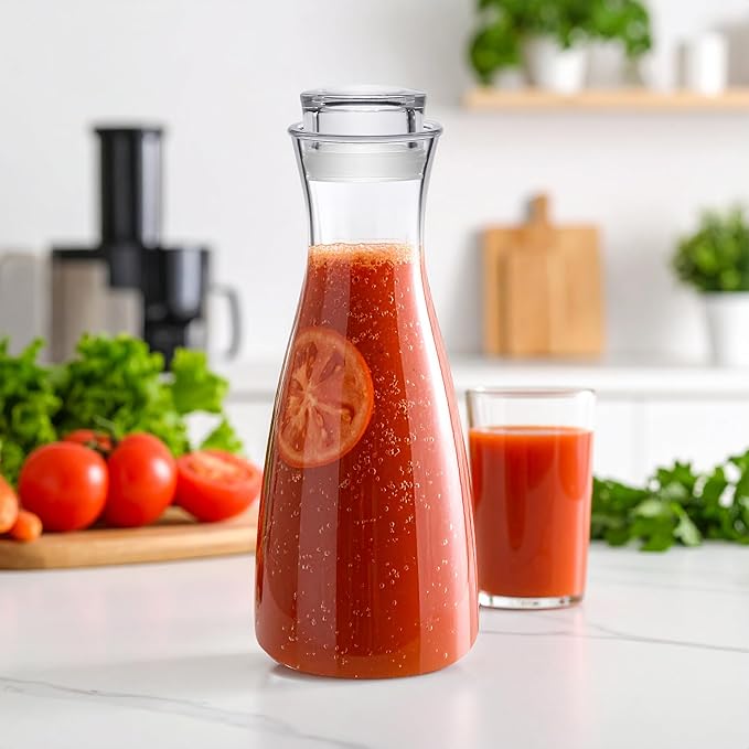 Amazing Abby - Cara - 4-Pack Acrylic Carafe (36 oz), Plastic Carafe with Lid, Fridge Jug, Round, Clear, BPA-Free, Shatter-Proof, Great for Iced Tea, Sangria, Lemonade, Juice, Milk, and More