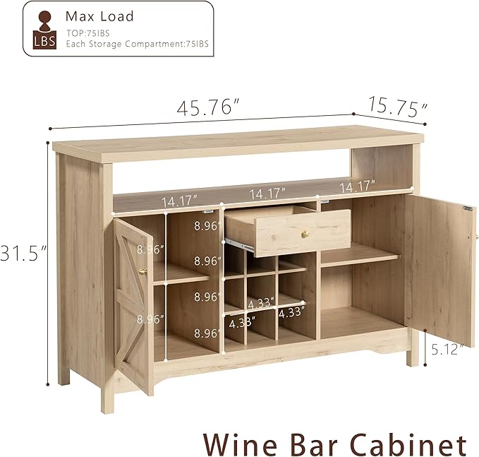 45.7” Wine Cabinet，Farmhouse Home Coffee Bar Sideboard Buffet Cabinet Liquor Storage with 9 Wine Racks & 2 Doors for Kitchen, Living and Dining Room (2, White Oak)