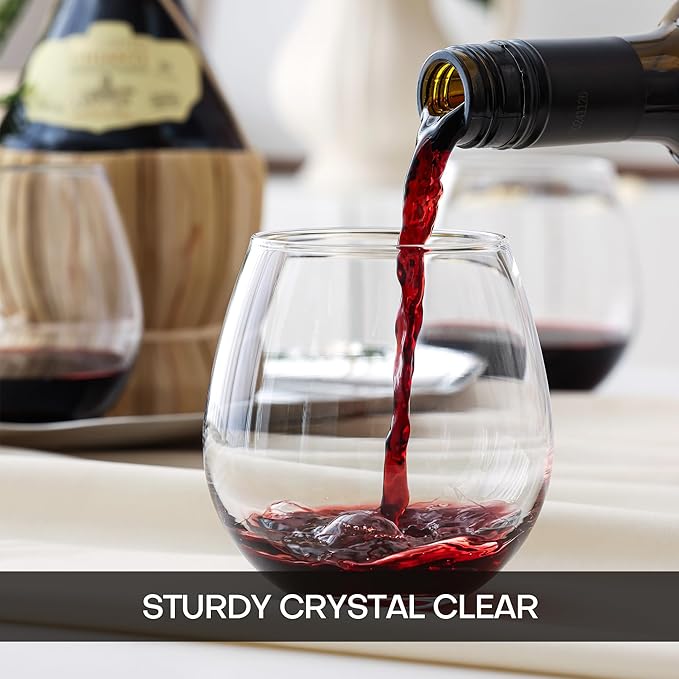 Stemless Wine Glasses Set of 4, 15oz Red & White Wine Glasses for Daily Use, Wedding, Birthdays, Housewarming Gift, Hosting, Home Bar, Evening Party(Clear)