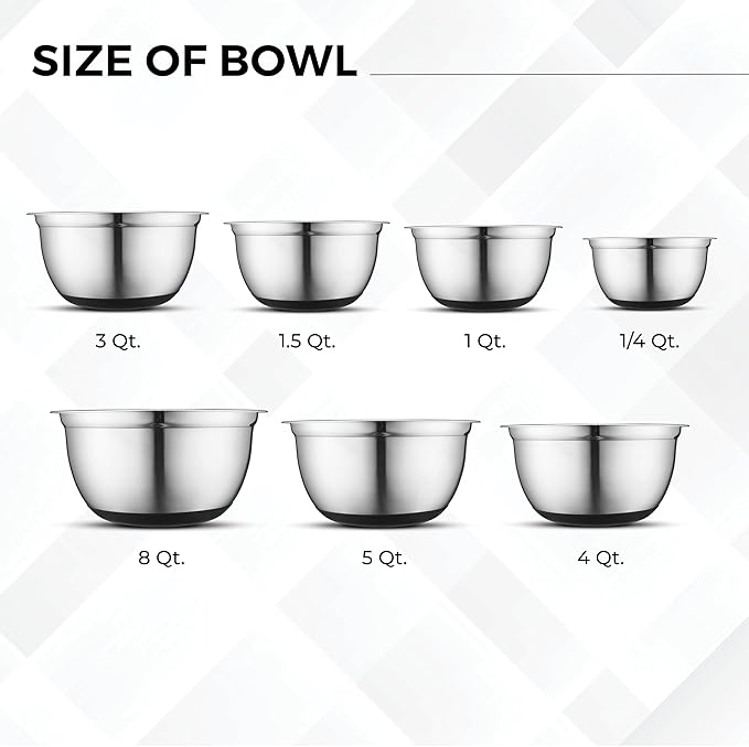 Avador Premium Stainless Steel Mixing Bowls, Set of 7 EXTRA Large Stainless Steel Mixing Bowl Set, Easy To Clean, Space Saving, Great for Cooking, Baking, Prepping (0.25, 1, 1.5, 3, 4, 5 and 8 Quart)