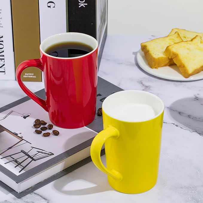 Multi-Coloured Ceramic Mugs Set of 6-13.5oz / 400ml -Coffee Mugs-Cappuccino-Tea Cups- Hot Chocolate Cups (Red, Blue, Yellow, Green, Pink, Blackish Green, Large)