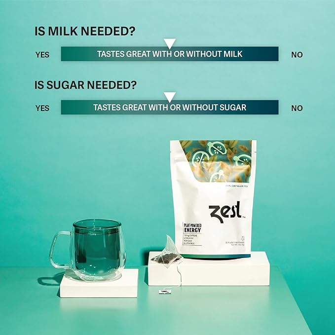 Zest High Caffeine Black Tea Bags – Earl Grey Energy Tea with Natural Bergamot – 150mg Caffeine per Cup – Focus & Morning Breakfast Tea for Energy – Caffeinated Coffee Substitute – 20Ct Pack