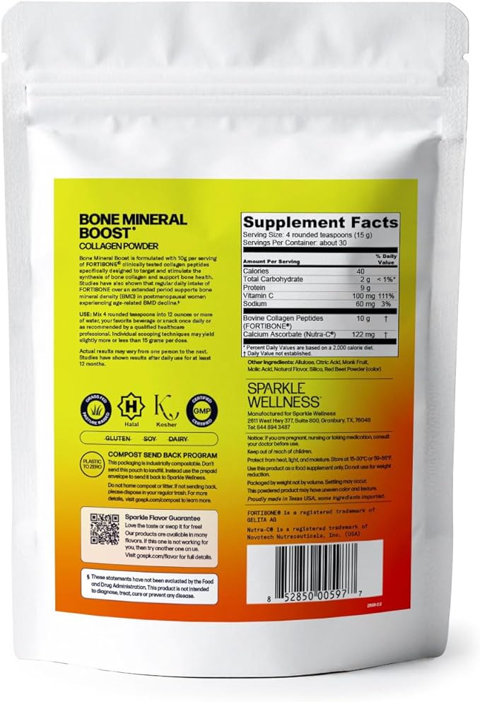 Sparkle Wellness Bone Mineral Boost (Acai Lemonade) [30 Serves] | Collagen Powder Supplement | FORTIBONE Bioactive Collagen Peptides and Buffered Vitamin C Nutra C | Bone Supplements