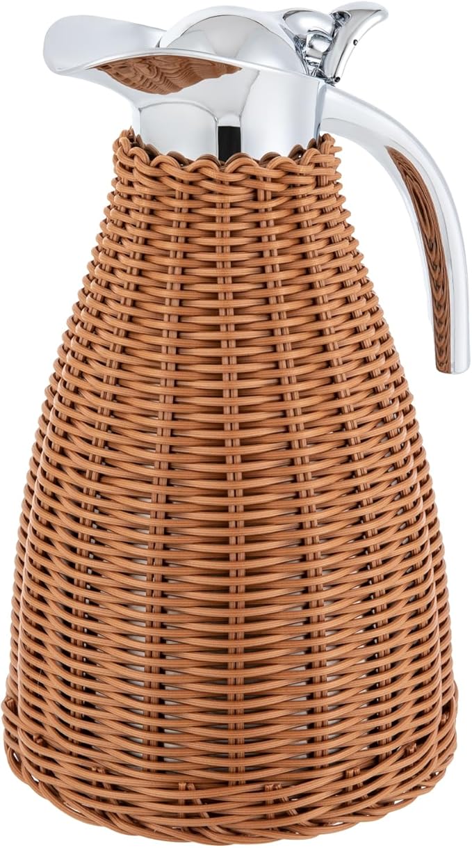 Stainless Steel Coffee Thermal Jug 1.5L/0.4 Gal Rattan Thermal Jug Double Walled Vacuum Insualted Jug with Handmade Rattan Body for Hot Liquids Keeping Hot with Silicone Lid for Home Coffee Shop