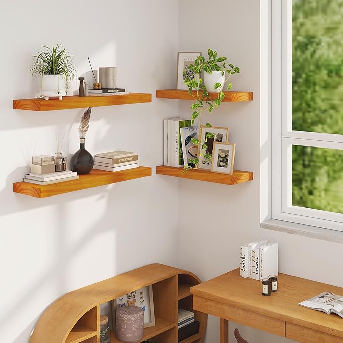 Fun Memories Floating Shelves, 9.3'' Deep Solid Pine Wood Wall Shelves for Storage, Wall Mounted Display Shelf with Invisible Heavy-Duty Metal Bracket, 24'' Width Set of 2, Honey Oak