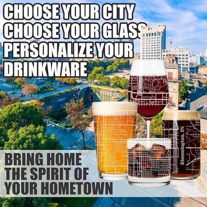 Blue Ridge Mountain Gifts - Bloomington Souvenir - Indiana Glassware Gift, Etched City Map, Laser Engraved and Dishwasher Safe