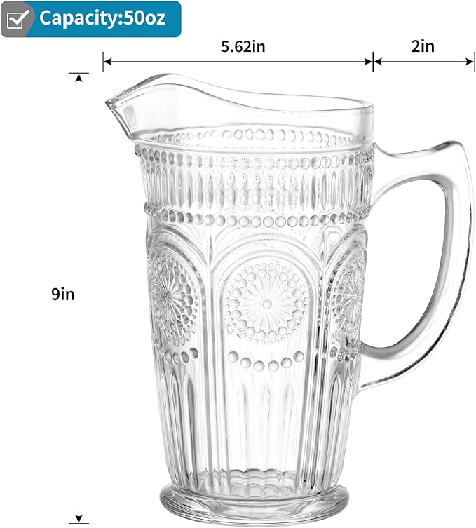 MDLUU Vintage Glass Pitcher, Glass Carafe, Bar Mixing Pitcher Glassware, Water Carafe Jug for Beverage, Cocktail, Juice, Milk, Ice Tea, 50 Oz