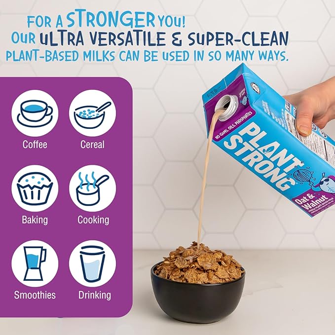 PLANTSTRONG Plant-Based Milks – Non-GMO, Plant-Based, Vegan, Gluten-Free, Dairy-Free, Lactose-Free, Shelf-Stable, No Gums or Oils (Pack of 6 (32 Fl. Oz.), Oat & Walnut w/Recipe Guide)