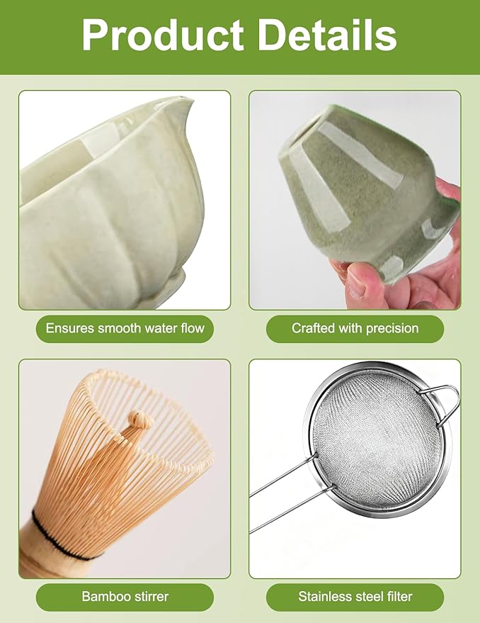 Matcha Whisk Set, 8 Piece Japanese Matcha Making Kit with Ceremony Set with Sifter, Bowl, Holder, Whisk, Scoop for Traditional Tea Ceremony, Ideal Gift for Home & Kitchen