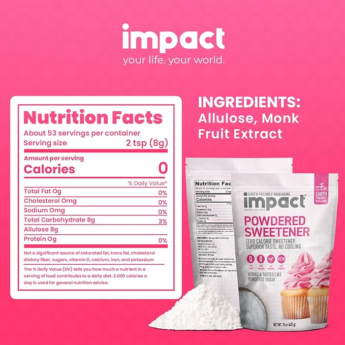 Impact Powdered Sweetener - Allulose, White Monk Fruit Blend – Zero Calorie and Carb, Keto-Friendly, Guilt-Free Substitute for Baking & Cooking - 0.94 lbs