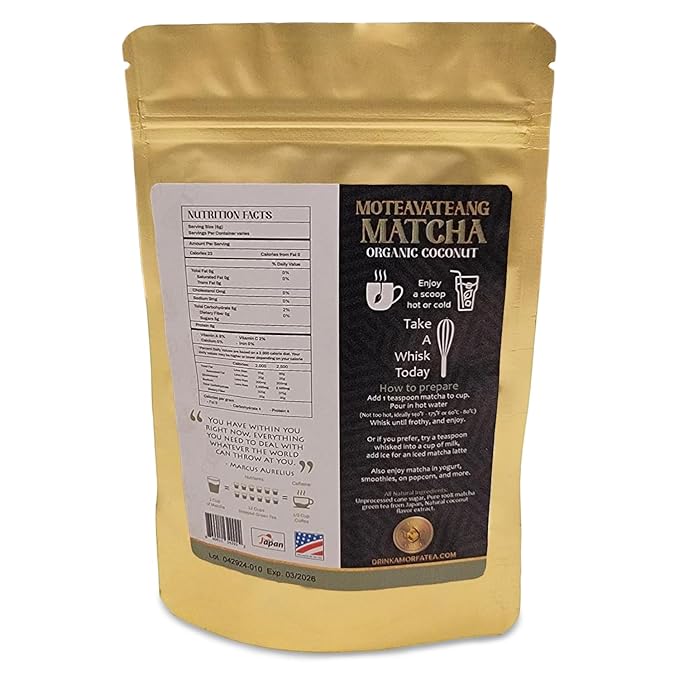 Premium Organic Coconut Matcha Tea - Harvested and Stone-Gound in Japan - Perfect for Lattes, Smoothies & Baking – Moteavateang Coconut Matcha Powder from Amor Fa Tea – 3.5 oz (100g)