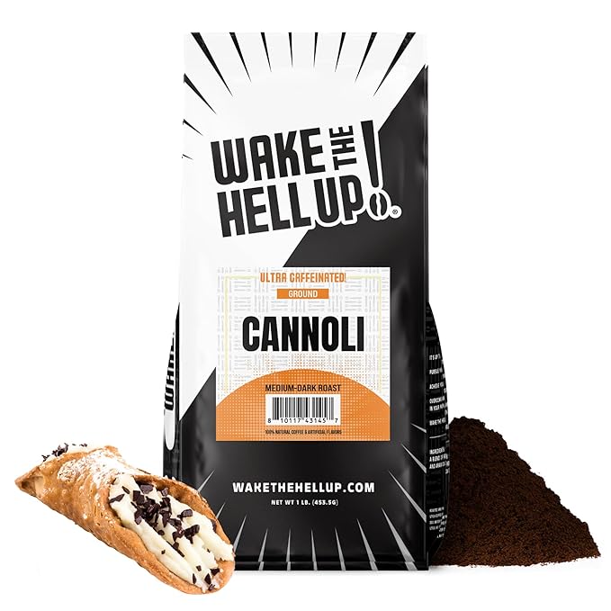 Wake The Hell Up! 1lb Ultra-Caffeinated Cannoli Ground Coffee, Low Acid, Medium-Dark Roast