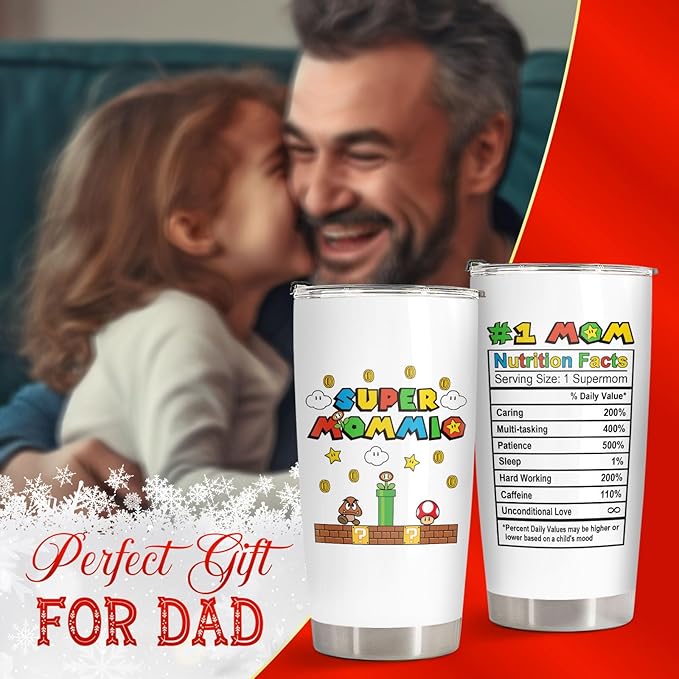 34HD Gifts for Mom Wife, Mommio Tumbler with Lid, 20 oz Vacuum Insulated Mommy Nutrition Facts Mug, Retro Game Mama Cup, Cool Gifts for Mom from Daughter Son Husband