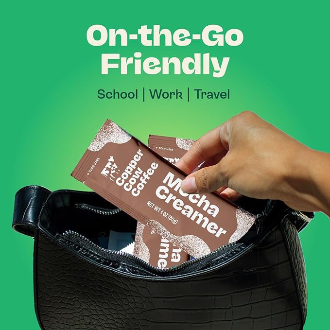 Copper Cow Coffee Sweetened Mocha Milk Creamer Singles (24 pack) | Vietnamese Inspired Coffee Creamer, All Natural Creamer Packets for Pour Overs & Lattes | No Refrigeration Needed, Travel Friendly