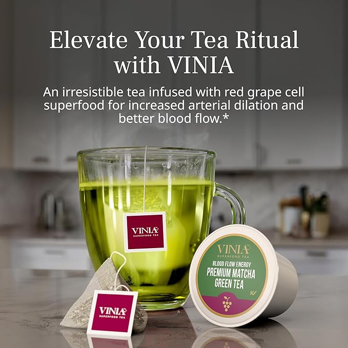 VINIA Premium Matcha + Green Tea K-Cup Pods, Made with Organic Tea, Infused with Piceid Resveratrol for Heart Health, Nitric Oxide, Physical Energy, Alertness, Blood Flow, Keto, Kosher, NON-GMO. 30 Ct