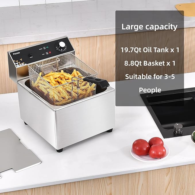 Deep Fryer with Basket, 1700w 19.7Qt Oil Tank/ 8.8Qt Basket, 0.6mm Thickened Stainless Steel Countertop Electric Fryer for Home and Commercial Use, Oil Fryer with Double Overheat Protection