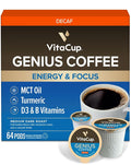 VitaCup Decaf Genius Keto Coffee Pods with MCT Oil, Turmeric, and Vitamins B1, B5, B6, B9, B12, D3 for Focus in Recyclable Single Serve Pod Compatible with K-Cup Brewers Including Keurig 2.0, 64 CT