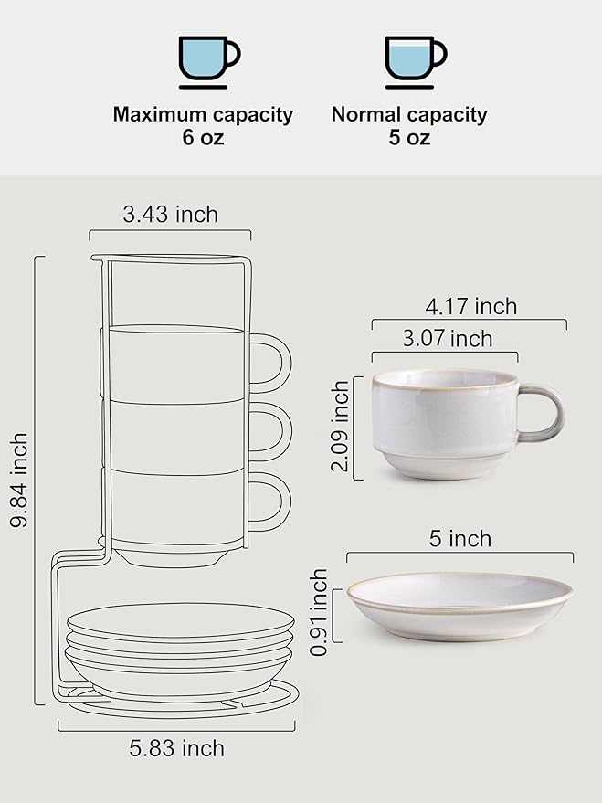 Gomakren 6 Ounce Cappuccino Cups with Saucers and Metal Stand, Stackable Coffee Cup Set of 4, Christmas Porcelain Espresso Cups for Coffee Drinks, Cappuccino, Latte, Americano, Tea, White