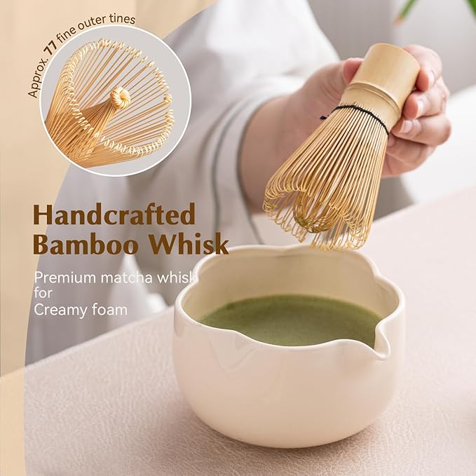 Matcha Set, 8Pcs Floral Ceramic Matcha Set with Matcha Whisk, Holder, Scoop, Scoop Rest, Sifter, Spoon and Tea Towel - Thoughtful Matcha Whisk Set Gift for Matcha Lovers (Beige)