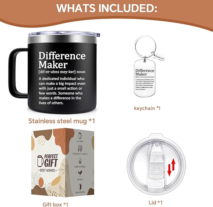 Fufendio Thank You Gifts for Men - Difference Maker Mug 14oz for Employee - Christmas, Birthday Gift for Men - Appreciation Gifts for Coworker, Teacher, Boss, Assistant Principal